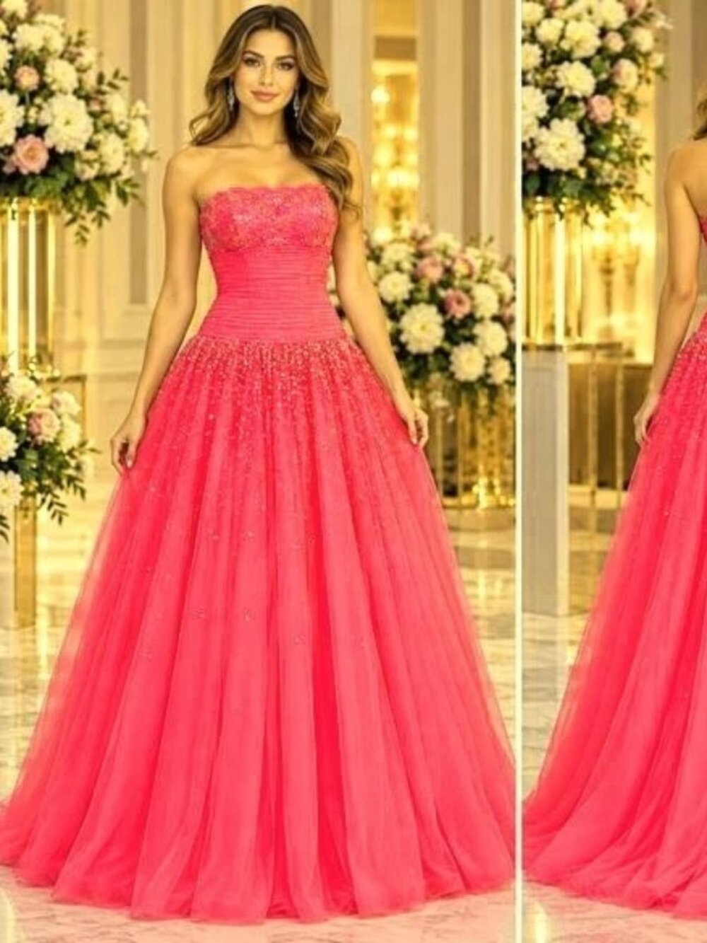 Alyce Paris Lipstick Pink Strapless Embellished Ball Gown